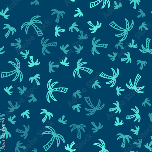 Green line Tropical palm tree icon isolated seamless pattern on blue background. Coconut palm tree. Vector © Kostiantyn