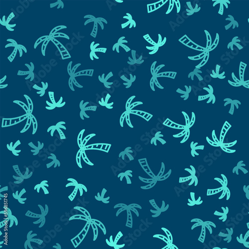 Green line Tropical palm tree icon isolated seamless pattern on blue background. Coconut palm tree. Vector