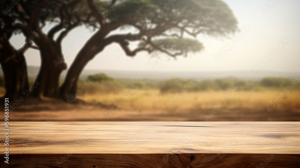 Empty wooden table for product display background, banner and product advertisement mock up a beautiful wild savannah , AI generated Empty wooden table for product display background, banner and product advertisement mock up a beautiful wild savannah , AI generated