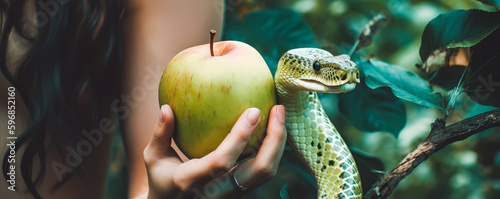 Temptation is embodied by the evil serpent, while innocent Eve stands in paradise. A biblical illustration featuring the Old Testament. Generative AI