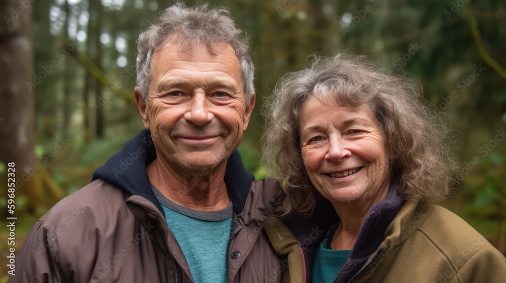 Happy senior/mature couple posing in a beautiful outdoors. Generative AI Happy senior/mature couple posing in a beautiful outdoors. Generative AI