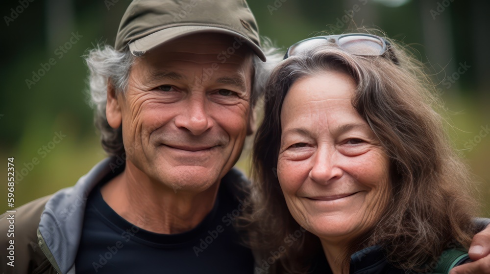 Happy senior/mature couple posing in a beautiful outdoors. Generative AI Happy senior/mature couple posing in a beautiful outdoors. Generative AI
