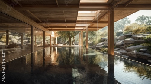 The Ultimate Relaxation Experience: A Wooden Room and Swimming Pool Combination with a Spa-Like Concept using Generative AI © jambulart