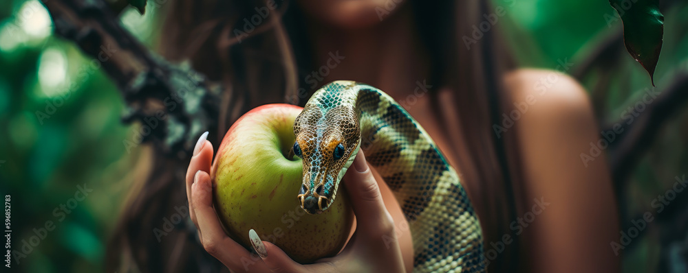 The innocent Eve is designated by the malicious serpent in paradise to bite the forbidden apple. Subtle illustration of the old biblical testament. Generative AI - obrazy, fototapety, plakaty 
