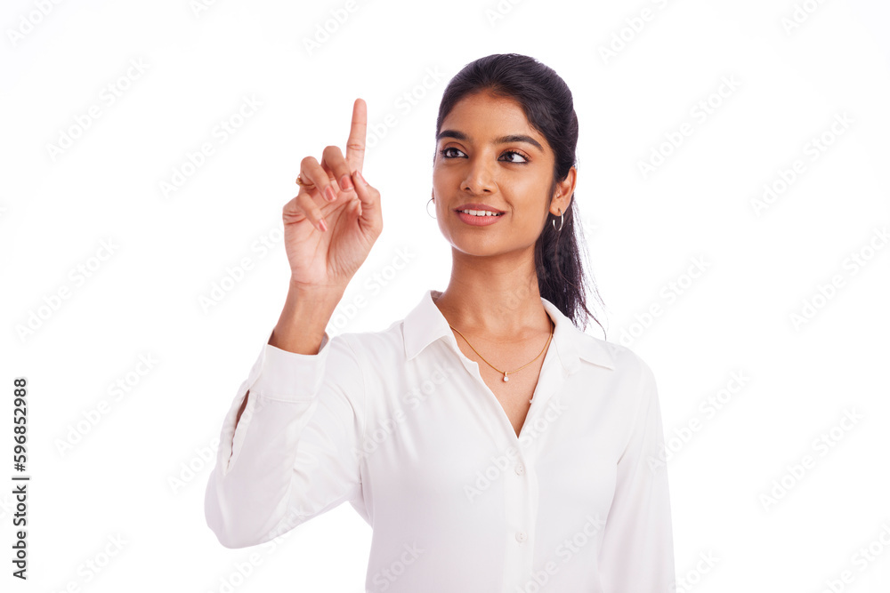 Business woman touch screen isolated on white. Business woman touch screen isolated on white.