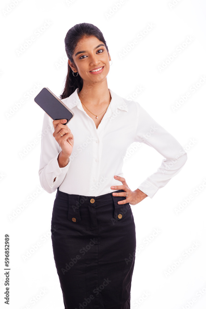 Young business woman posing with smartphone isolated on white. Young business woman posing with smartphone isolated on white.