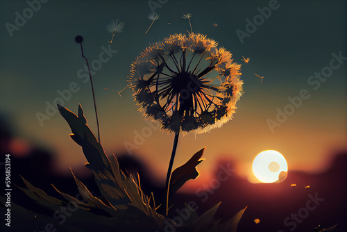 Light dandelion on sunset background and dark background. Flower with particles and hard dripping. Generative AI
