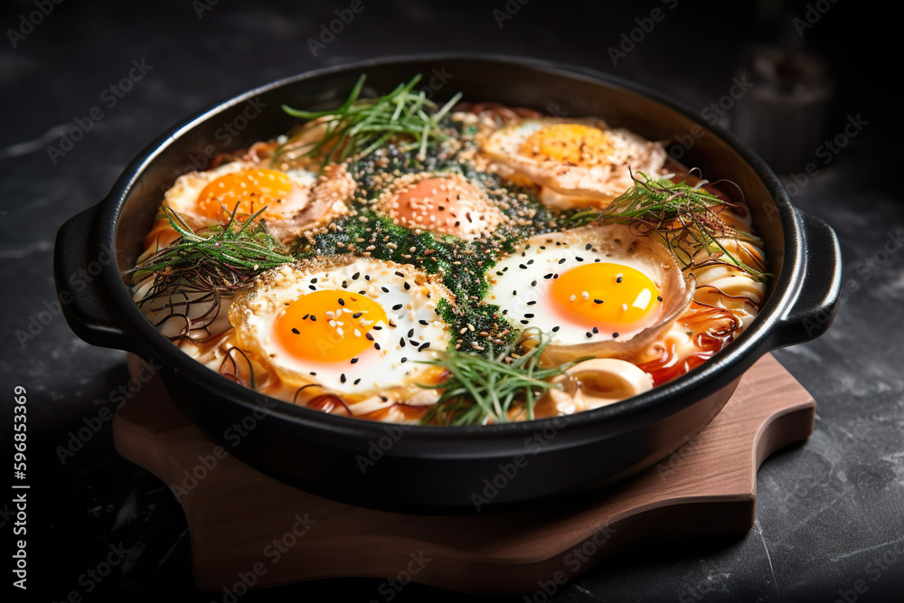 Tteokbokki Korean food in large bowl with fried eggs, AI generative illustration