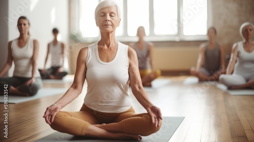 Senior woman practicing yoga in prayer pose at a yoga studio. Generative AI.