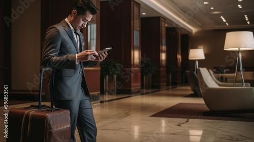 A businessman checking his phone with luggage in a hotel lobby. Generative AI.