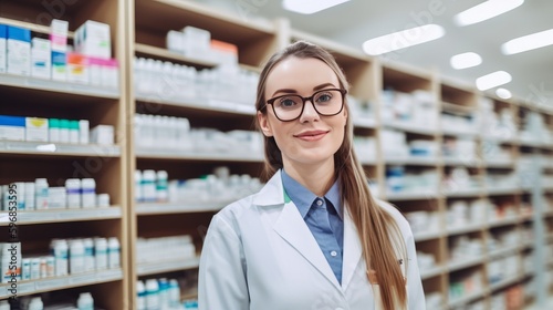 Portrait of a Female Pharmacist in a Drug Store. Generative AI. © GustavsMD