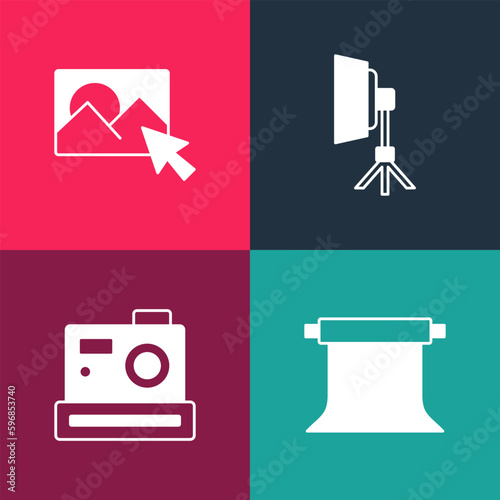 Set pop art Empty photo studio, Photo camera, Softbox light and retouching icon. Vector