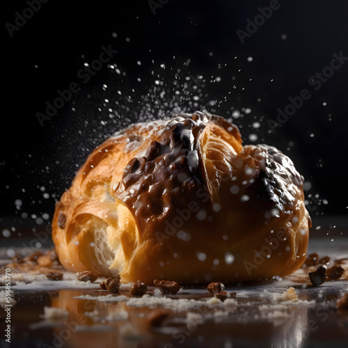 Bagel with cream on a black background with water drops.