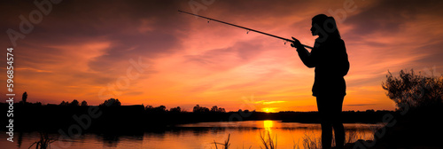 A solitary woman is depicted during sunset, fishing at night by a lake. The silhouette evokes an intimate, romantic and calm image. Generative AI
