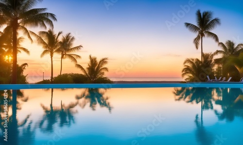 Summer holiday vacation destination, luxurious beachfront resort swimming pool with tropical landscape, quiet warm sunset, reflection in water (Generative AI) © Karol