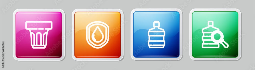 Set line Glass with water, Waterproof, Big bottle clean and . Colorful square button. Vector