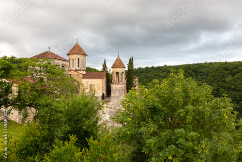 Motsameta monastery, XI century medieval stone orthodox church located on a cliff among lush forests in Georgia, Imereti Region.