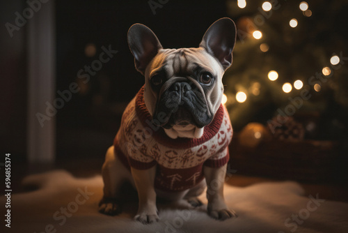 Heartwarming Christmas Scene with Playful Dog in Sweater