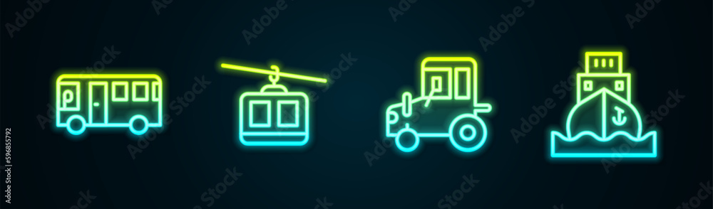 Fototapeta premium Set line Bus, Cable car, Tractor and Cargo ship. Glowing neon icon. Vector