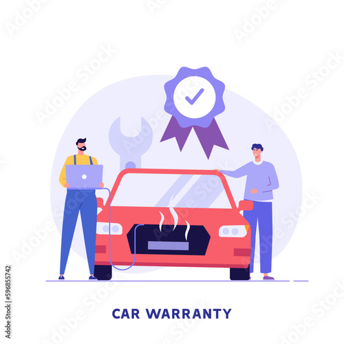 Car warranty service illustration. Auto warranty covers repair of vehicle. Car insurance, assurance coverage. Free car repair and maintenance. Vector flat cartoon design for web banners, UI