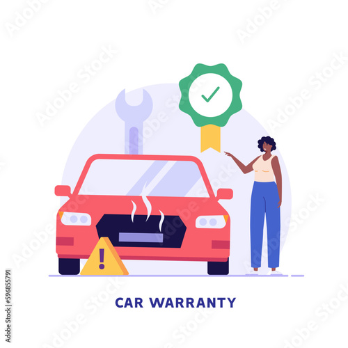 Car warranty service illustration. Auto warranty covers repair of vehicle. Car insurance, assurance coverage. Free car repair and maintenance. Vector flat cartoon design for web banners, UI