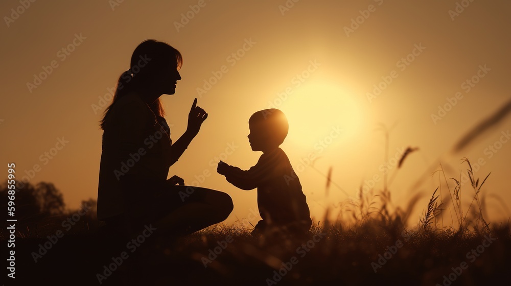 A woman and a child are sitting in the grass and the sun is setting, generative AI