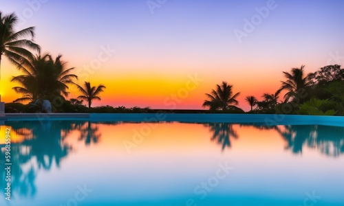 Summer holiday vacation destination, luxurious beachfront resort swimming pool with tropical landscape, quiet warm sunset, reflection in water (Generative AI)