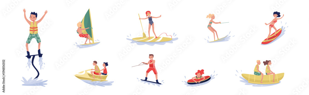 People Characters Engaged in Water Summertime Sport Vector Illustration Set