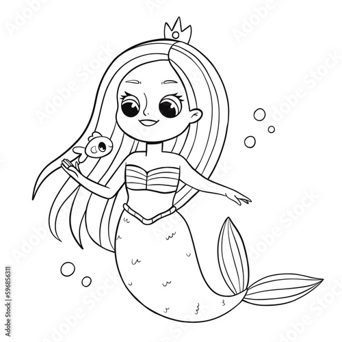 Mermaid coloring book for kids. Little mermaid with fish Coloring page. Monochrome black and white illustration. Vector children's illustration.