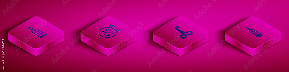 Set Isometric line Ointment cream tube medicine, Hospital signboard, Medical scissors and Syringe icon. Vector