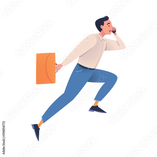 Man Character with Briefcase Hurrying Running Fast Speaking by Phone Feeling Panic of Being Late Vector Illustration