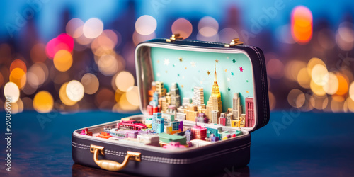 An open suitcase filled with a model of New York City. Ideal to illustrate the departure for a trip to NYC or to hint at hopes and dreams. Generative AI
