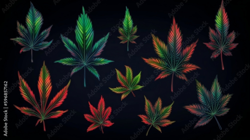 The design features a dark background with glossy, metallic, and neon elements, along with repeated patterns of marijuana leaves and cannabis for a high-contrast look. Generative AI The design features a dark background with glossy, metallic, and neon elements, along with repeated patterns of marijuana leaves and cannabis for a high-contrast look. Generative AI