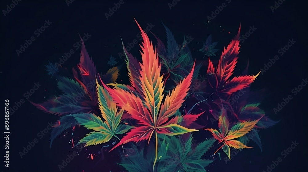 The design features a dark background with glossy, metallic, and neon elements, along with repeated patterns of marijuana leaves and cannabis for a high-contrast look. Generative AI The design features a dark background with glossy, metallic, and neon elements, along with repeated patterns of marijuana leaves and cannabis for a high-contrast look. Generative AI