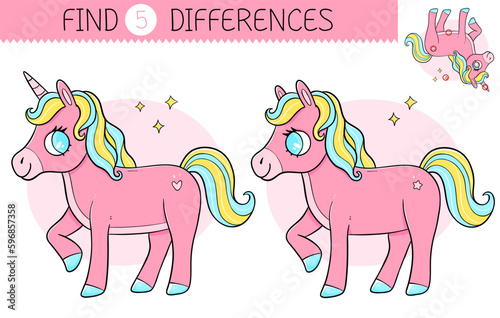 Find five differences is an educational game for kids with pink unicorn. Cute cartoon horse unicorn. Vector illustration.