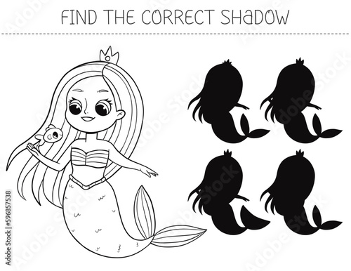 Find the correct shadow coloring book with mermaid. Coloring page educational game for kids. Cute cartoon mermaid. Shadow matching game. Vector illustration.