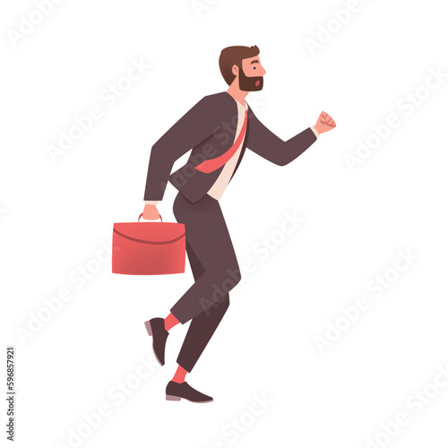 Bearded Man Character with Briefcase Hurrying Running Fast Feeling Panic of Being Late Vector Illustration