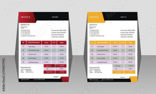 Professional and modern Business invoice form template.Invoicing money bills or price invoices and payment agreement design templates.Tax form, bill graphic or payment receipt page vector.
