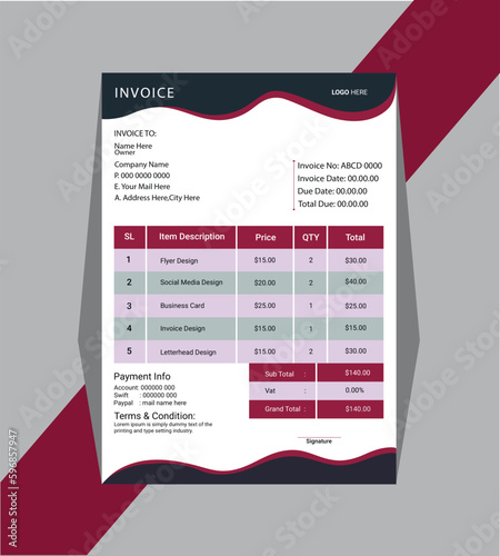 Professional and modern Business invoice form template.Invoicing money bills or price invoices and payment agreement design templates.Tax form, bill graphic or payment receipt page vector.