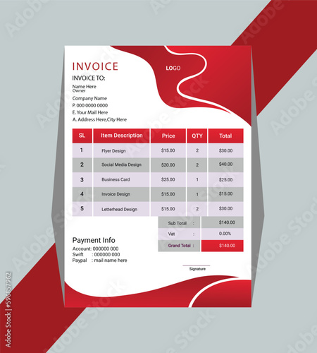 Professional and modern Business invoice form template.Invoicing money bills or price invoices and payment agreement design templates.Tax form, bill graphic or payment receipt page vector.