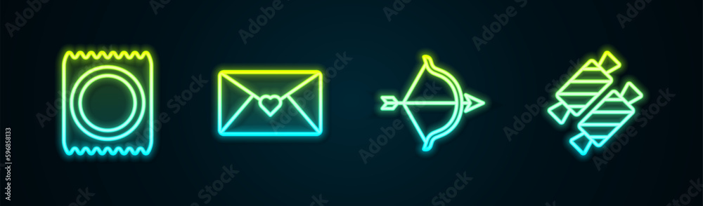 Set line Condom in package, Envelope with Valentine heart, Bow and arrow and Candy. Glowing neon icon. Vector Set line Condom in package, Envelope with Valentine heart, Bow and arrow and Candy. Glowing neon icon. Vector
