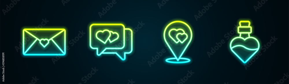 Set line Envelope with Valentine heart, Heart speech bubble, Location and Bottle love potion. Glowing neon icon. Vector Set line Envelope with Valentine heart, Heart speech bubble, Location and Bottle love potion. Glowing neon icon. Vector