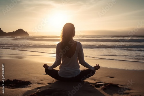 Woman Practicing Yoga Meditation - Serene Environment, Breath Focus, Posture, Relaxation, Mindfulness - Generative AI © templetify