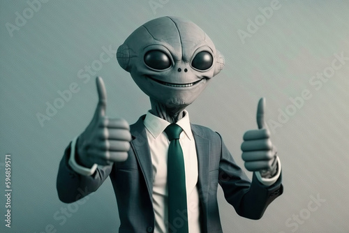 happy alien in a business suit thumb up, created with Generative AI technology photo