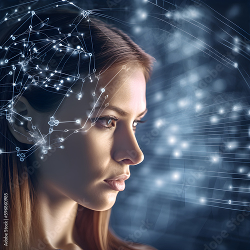 Communication of human and artificial intelligence, closeup of a woman, generative AI. photo