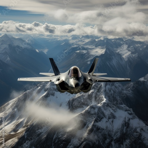 F-35 Lightning II fighter jet flying over the mountains