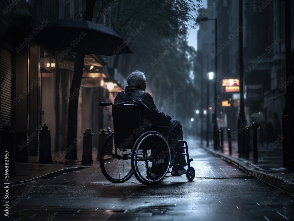 Obraz premium Einsamkeit im Rollstuhl. Das Leben in der Stadt mit Behinderung, generative AI.