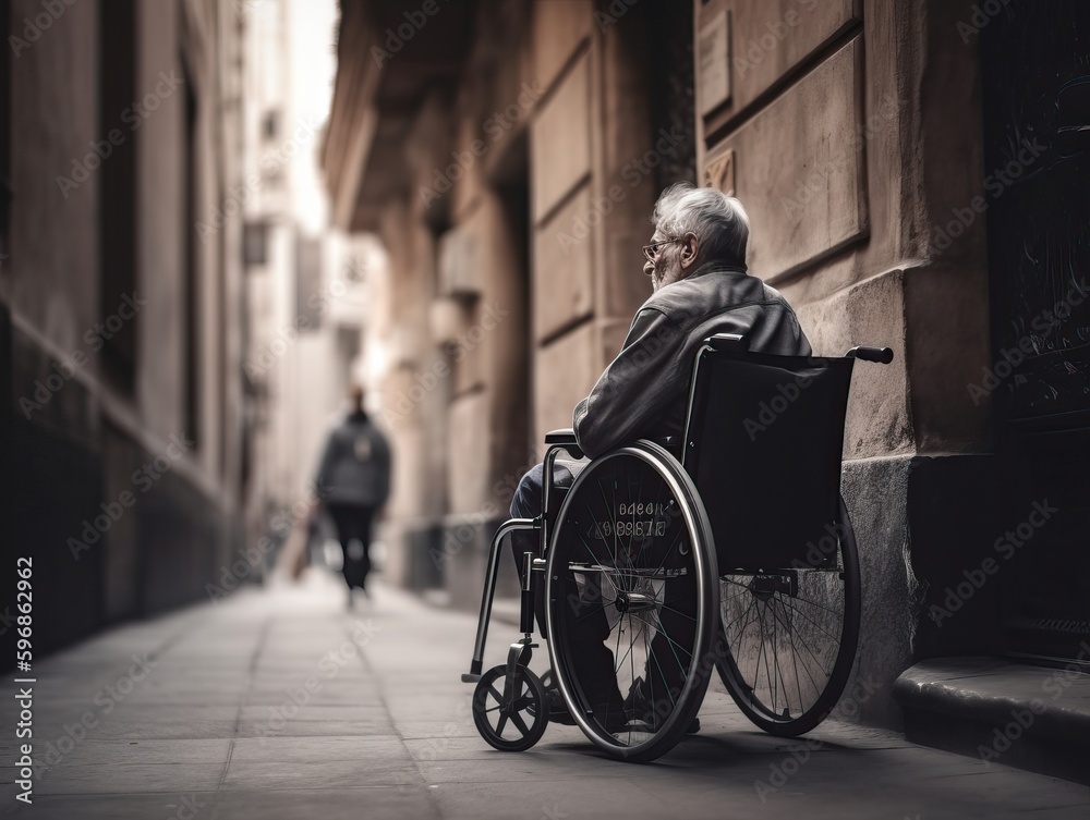 Obraz premium Einsamkeit im Rollstuhl. Das Leben in der Stadt mit Behinderung, generative AI.