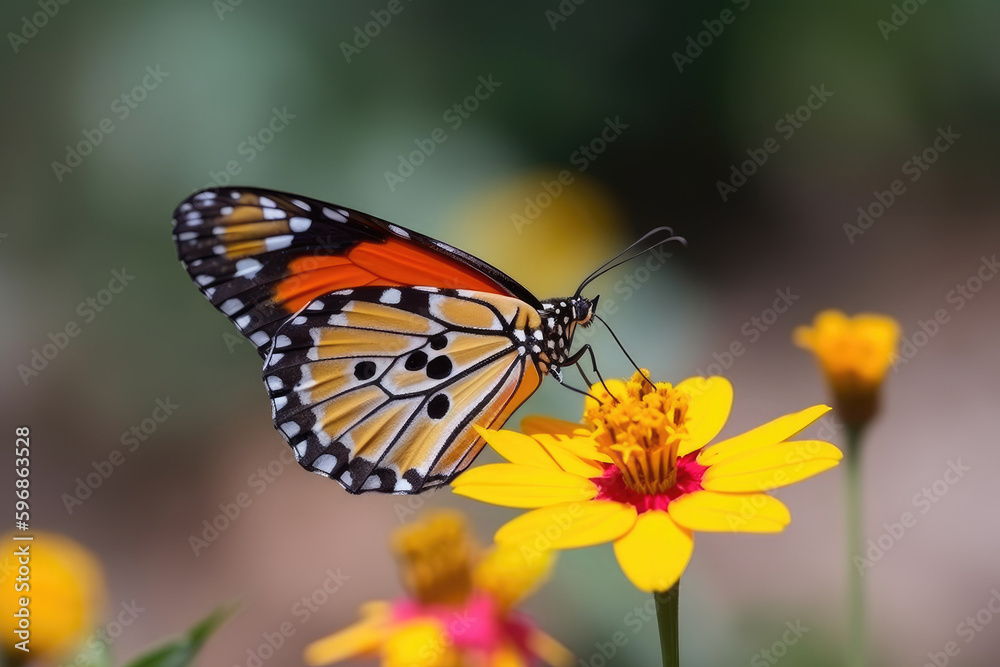 A beautiful butterfly resting on a flower, enjoying the sunshine and sipping nectar. Generative AI, AI. A beautiful butterfly resting on a flower, enjoying the sunshine and sipping nectar. Generative AI, AI.