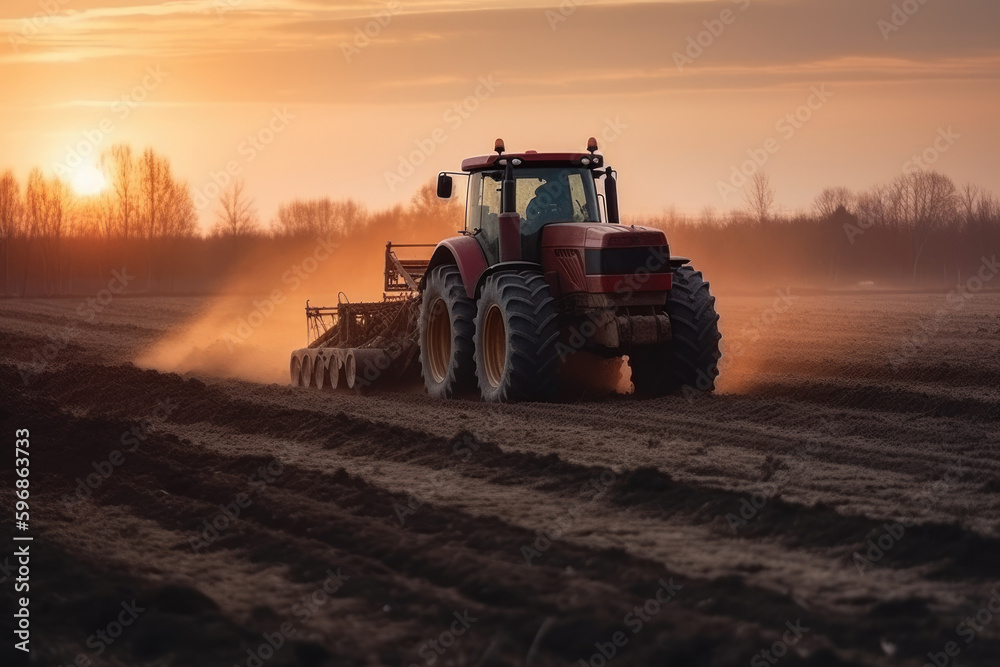 Tractor drives across large field making special beds for soil and farming, the concept of cultivating the field, agricultural work, sunset. Generative AI. Tractor drives across large field making special beds for soil and farming, the concept of cultivating the field, agricultural work, sunset. Generative AI.